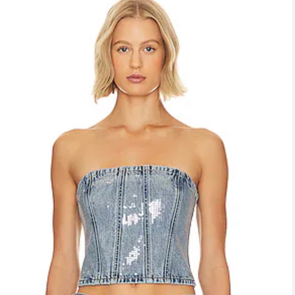 GRLFRND Blue Denim Strapless Corset Top size Small